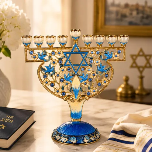 Vista 3 de Candelabro Menorá de Esmalte Pintado a Mano con Diseño de Palomas y Flores