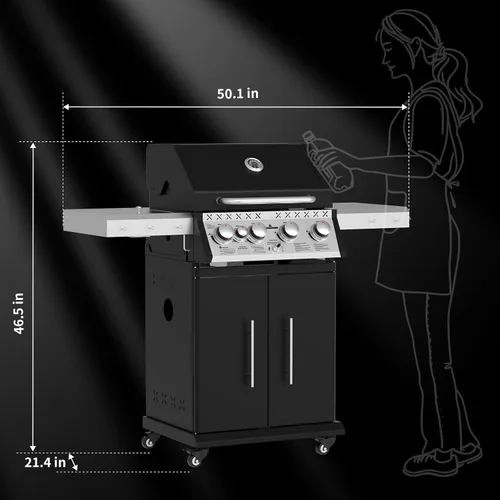 Vista 8 de Parrilla de gas propano, parrilla de barbacoa de acero inoxidable 4+1 con quemador lateral infrarrojo para cocinar al aire libre, color negro