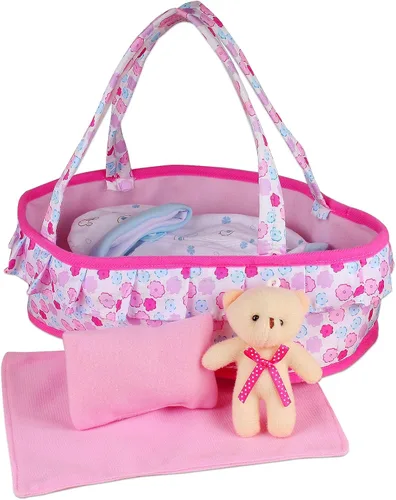 Vista 8 de Cuna de cuna portátil para muñeca de bebé, bolsa de transporte para muñecas, juego de accesorios para muñecas, oso acolchado suave para muñeca