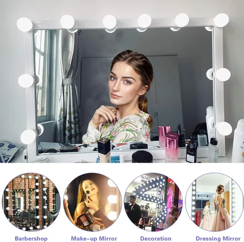 Vista 5 de Luces de Espejo de Tocador, 10 Bombillas Regulables DIY Estilo Hollywood Luces LED de Espejo de Maquillaje con Cable USB, Tira de Luminaria
