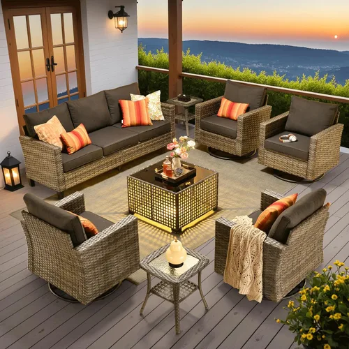 Vista 41 de ovios Juego de muebles de patio de 4 piezas con sofá de exterior, luces solares, mesa, cojines cómodos, sofá de conversación de mimbre de ratán