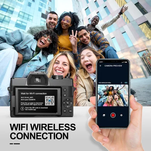 Vista 7 de Cámara digital 5K para fotografía, cámara de vlogging WiFi de 64MP con doble lente y pantalla abatible de 180°, zoom 16X, kit de cámara de apuntar