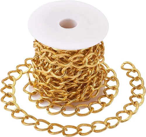 Vista 13 de FASHEWELRY Cadena de eslabones de aluminio de 16.4 pies sin soldar, rollo de cadenas de eslabones dorados con carrete para hacer collares, joyas