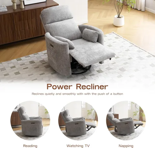 Vista 5 de Sillón reclinable eléctrico de gran tamaño con masaje y calor, mecedora con reposacabezas ajustable, sillón reclinable giratorio con 2 almohadas