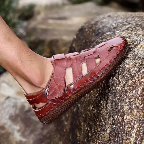 Vista 6 de HESBITEUL Sandalias de cuero para hombre, sandalias de senderismo al aire libre, impermeables, atléticas, deportivas, para pescador, zapatos
