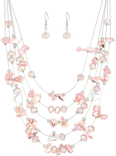 Vista 19 de Collar de cuentas de concha bohemia de varias capas para mujer, hebra de cristal colorida con cuentas plateadas, collares y aretes, disfraces