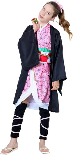 Vista 7 de Disfraz de anime rosa para cosplay, kimono, trajes de capa, cinturón, mangas para piernas, Halloween, Navidad
