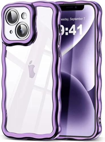 Vista 78 de SKYLMW Funda compatible con iPhone 12 Pro, diseño de ondas rizadas kawaii, borde chapado de lujo, elegante parte trasera transparente brillante, TPU