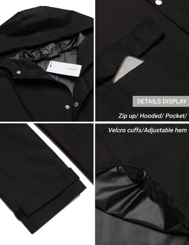 Vista 5 de COOFANDY Chaqueta impermeable para hombre con capucha, impermeable, ligera, activa, larga