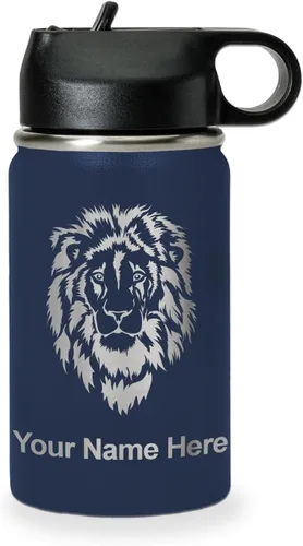 Vista 14 de LaserGram Botella de agua personalizada, cabeza de león, acero inoxidable de doble pared aislada al vacío con popote superior, regalo grabado