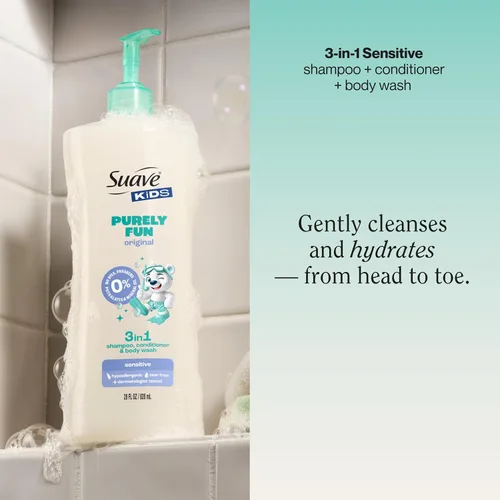Vista 2 de Suave Kids Champú acondicionador 3 en 1 para niños, gel de baño Purely Fun que hace que la hora del baño sea rápida y fácil, sin parabenos y probado