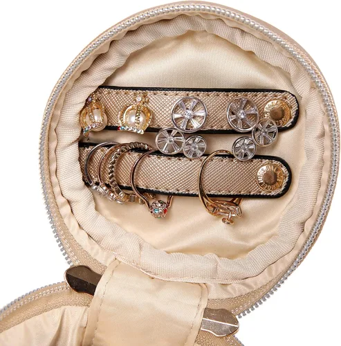 Vista 5 de Angelina's Palace Organizador redondo de joyas, bolsa de viaje, regalos de dama de honor, caja de cuero vegano para collar, aretes, pulsera, anillo
