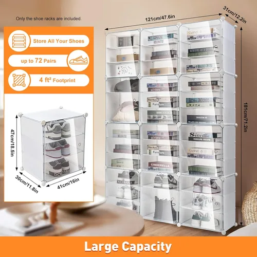 Vista 6 de 3 cajas de almacenamiento de zapatos de 12 niveles, zapatero de plástico transparente abierto lateral, organizador de zapatos plegable apilable que