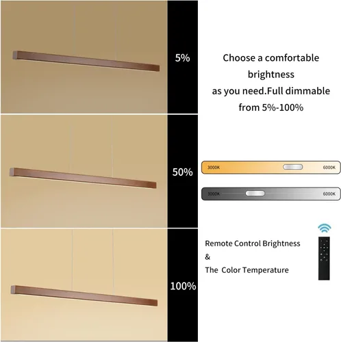 Vista 8 de Lámpara colgante lineal de madera de 31.5" – Lámpara de araña LED regulable con control remoto, iluminación moderna ajustable de estilo granja