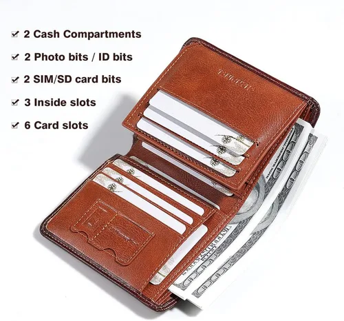 Vista 18 de Billetera de piel triple con bloqueo RFID para hombre con 2 ventanas de identificación, 2 compartimentos para efectivo, 6-8 ranuras para tarjetas