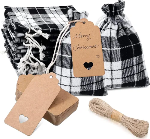 Vista 14 de Shappy 24 bolsas de Navidad con cordón, bolsas de arpillera a cuadros de Navidad, bolsas de lino con cuerda de 32.8 pies, 24 tarjetas
