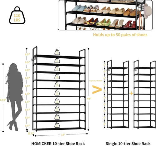 Vista 3 de Organizador de zapatos de 10 niveles, zapatero grande de metal con ganchos, se adapta a 40-50 pares, ideal para armario, entrada, garaje, dormitorio
