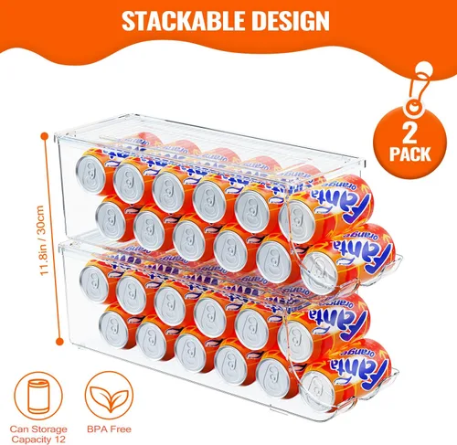 Vista 2 de SCAVATA Paquete de 2 organizadores de latas de soda para refrigerador, contenedor apilable de latas de alimentos enlatados, dispensador de latas