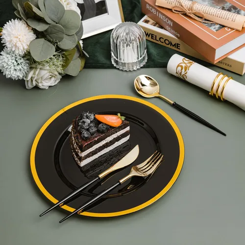Vista 7 de N9R Juego de cubiertos de plástico dorado - 90 piezas con mango negro - Cubiertos de plástico elegantes, resistentes - 30 cucharas, 30 tenedores, 30