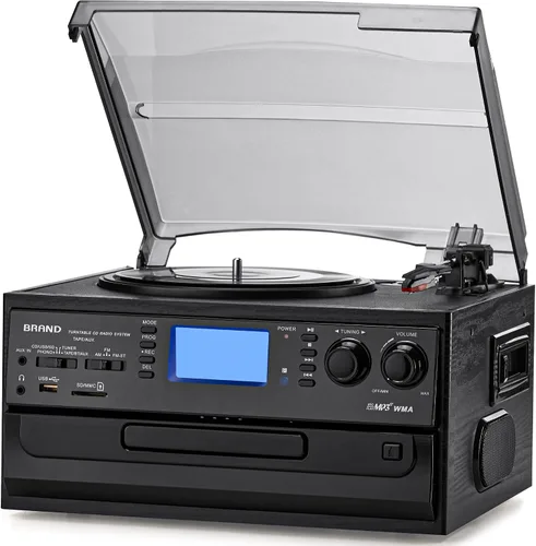 Vista 10 de ORCC Tocadiscos 10 en 1, tocadiscos nostálgicos para discos de vinilo con Bluetooth, 2 altavoces integrados, CD, cassette, radio AM/FM, USB, ranura