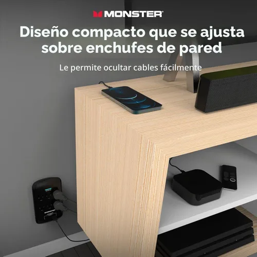 Vista 3 de Monster Protector de sobretensiones de enchufe de pared de 6 tomas, 1200 julios, extensor de toma de pared con 1 puerto de carga USB-A y 1 puerto