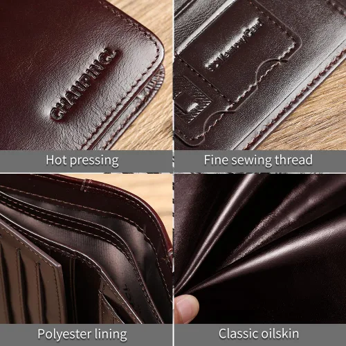Vista 50 de Billetera de piel triple con bloqueo RFID para hombre con 2 ventanas de identificación, 2 compartimentos para efectivo, 6-8 ranuras para tarjetas