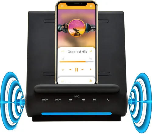 Vista 4 de Cargador inalámbrico de carga rápida, altavoces Bluetooth premium, estación de acoplamiento con micrófono integrado, llamada manos libres, estación