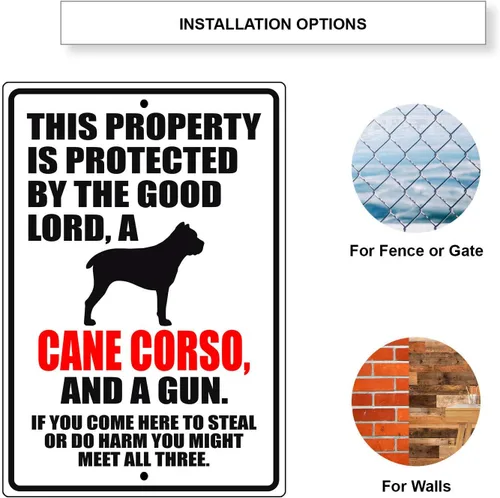 Vista 4 de This Property is Protected by The Good Lord A Cane Corso Dog Unique Novelty Precaution Aviso de advertencia al aire libre Letrero de metal