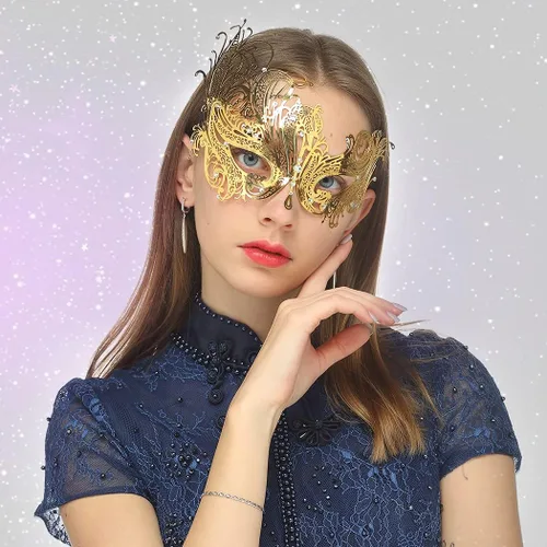 Vista 3 de Máscara de mascarada para mujer con diamantes de imitación brillantes para fiesta veneciana baile de graduación máscara de metal