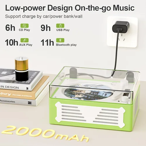 Vista 8 de Reproductor de CD Retro con Transmisor Receptor Bluetooth, Altavoces Estéreo HiFi, Pantalla LED, Puertos USB/AUX/Auriculares, Recargable