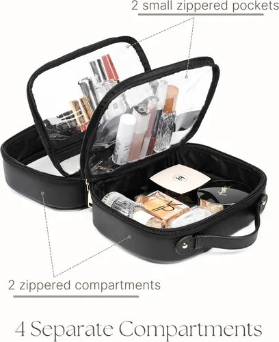 Vista 3 de Bolsa de Cosméticos Transparente de Doble Capa Bolsa de Artículos de Tocador de Viaje Estuche de Maquillaje Transparente con 4 Compartimentos, Bolsa