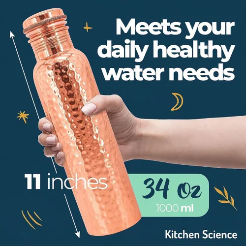 Vista 4 de Kitchen Science Botella de agua de cobre (1000ml/34oz) con una bolsa de transporte de lona Botella de cobre 100% pura para agua potable Botella