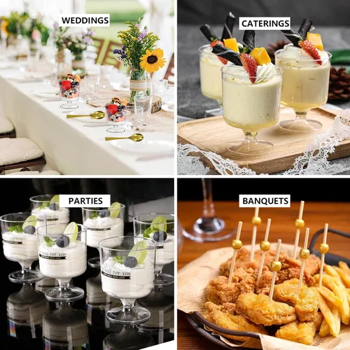Vista 6 de DI QIU REN 120 Piezas Vasos de Postre de 5oz con Cuchara Dorada, Vaso de Plástico Transparente para Postre Parfait Aperitivo Pudín, Copas Redondas