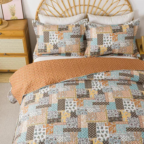 Vista 14 de Juego de cama de dos piezas, tamaño individual, de microfibra, reversible, de retazos, estilo floral, todas las estaciones, patrón de porcelana azul