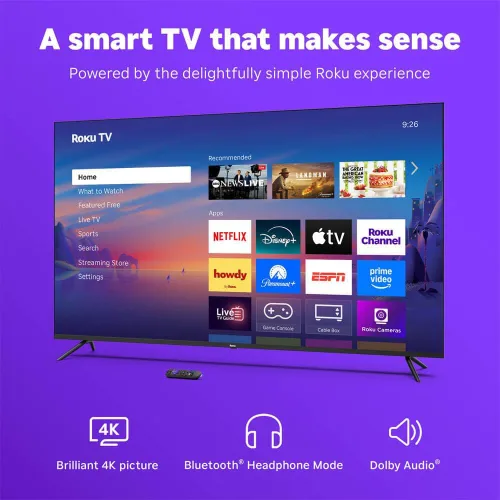 Vista 5 de Roku Serie Select de 55 pulgadas, Smart TV 4K UHD - HDR, Dolby Audio, compatible con Alexa, control por voz, Bluetooth, con cable HDMI AUX, plan