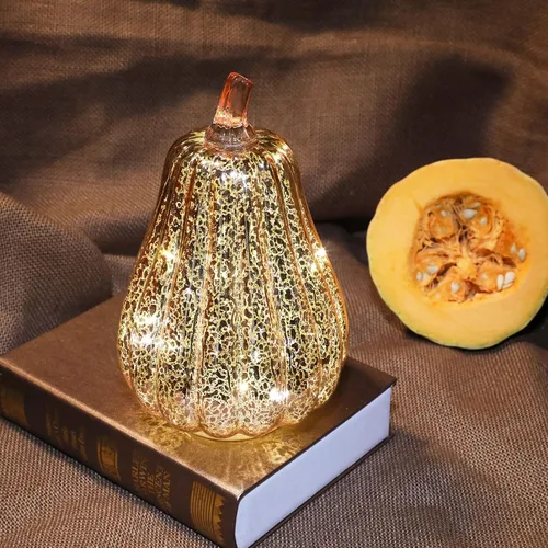 Vista 3 de Romingo Luz de calabaza de cristal de mercurio con temporizador para decoraciones de calabaza de Halloween, decoración de otoño y Acción de Gracias