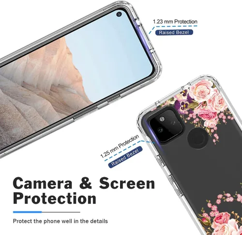 Vista 2 de Funda para Google Pixel 5A 5G con protector de pantalla de vidrio templado, cuerpo completo, lindo diseño floral, a prueba de golpes, funda