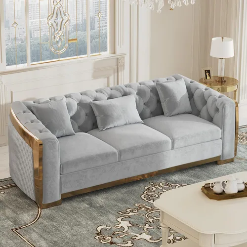 Vista 11 de DAMAIFROM Sofá Chesterfield moderno de mediados de siglo, sofá de terciopelo de 62" blanco y dorado, sofá biplaza curvo de lujo para sala de estar