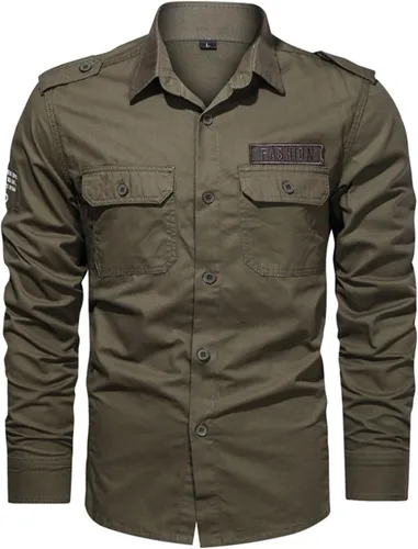 Vista 2 de Camisas tipo cargo de estilo militar para hombre, manga larga, con botones, para ejercicio al aire libre, blusas con bolsillos