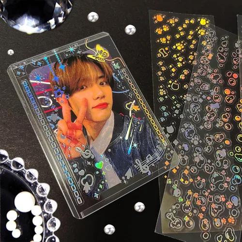 Vista 3 de 24 hojas de calcomanías holográficas Kpop, calcomanías coreanas para fotocartas, autoadhesivas, con purpurina transparente, estrellas, lunas