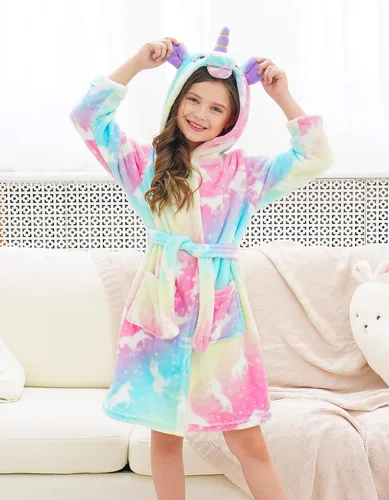 Vista 2 de Doctor Unicorn Bata de baño con capucha de unicornio suave para niñas, Blanco