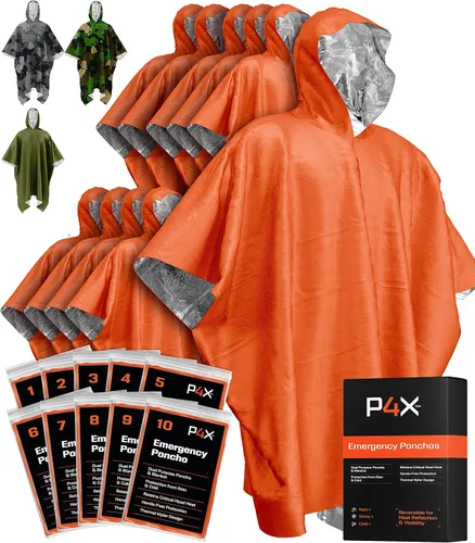 Vista 8 de PREPARED4X Poncho de emergencia Mylar – Poncho de lluvia de supervivencia con capucha – Ligero, compacto, reutilizable, manta de emergencia Poncho