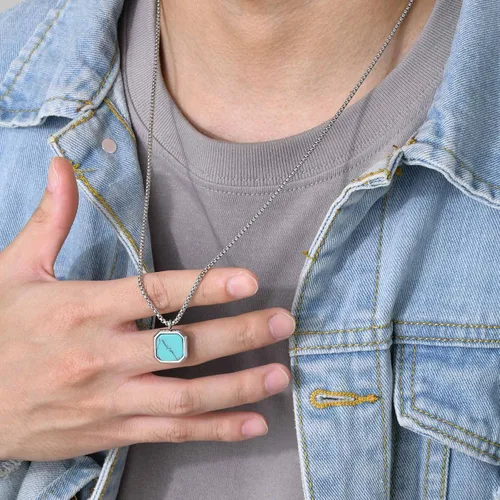 Vista 6 de MEALGUET Collar de acero inoxidable para hombre Colgante cuadrado de piedra natural con piedra de ojo de tigre y ágata minimalista geométrico