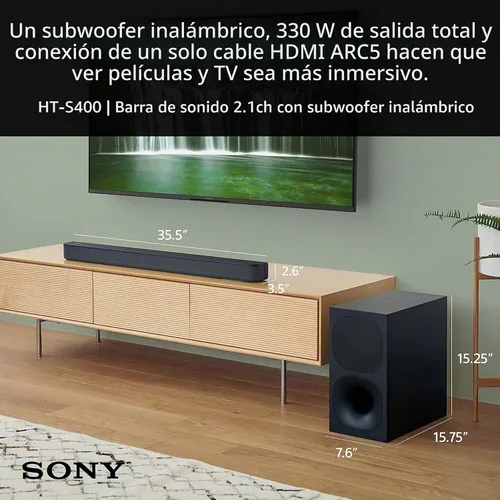 Vista 2 de Sony HT-S400 - Barra de sonido de 2.1 canales con potente subwoofer inalámbrico, sonido envolvente frontal S-Force PRO y Dolby Digital, Negro