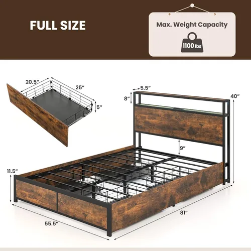 Vista 2 de Giantex Base de cama matrimonial con cabecero de luces LED y 4 cajones de almacenamiento, plataforma de metal con tomas de corriente y puertos USB