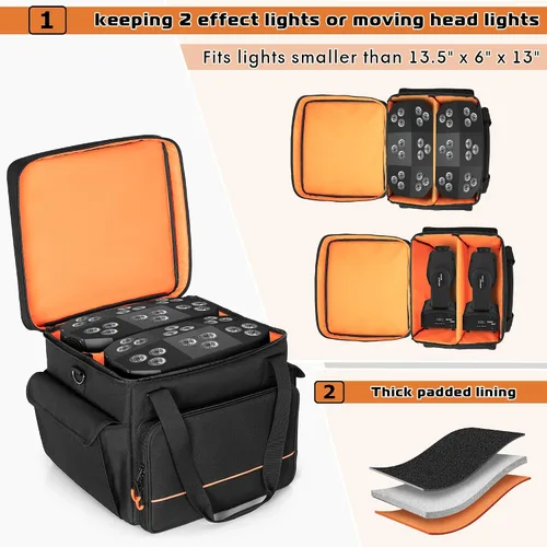Vista 2 de LUXJA Bolsa acolchada para 2 luces de efecto o luces de cabeza móvil, bolsa de luz de efecto con divisor interior y bolsillos para accesorios