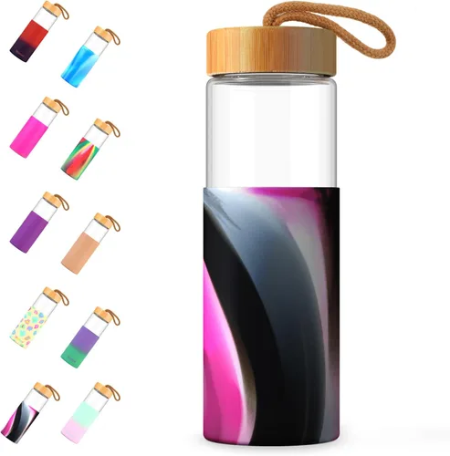 Vista 23 de Tronco Botellas de agua de vidrio de 20 onzas con tapas, botellas de vidrio de borosilicato reutilizables con tapa de bambú y funda de silicona