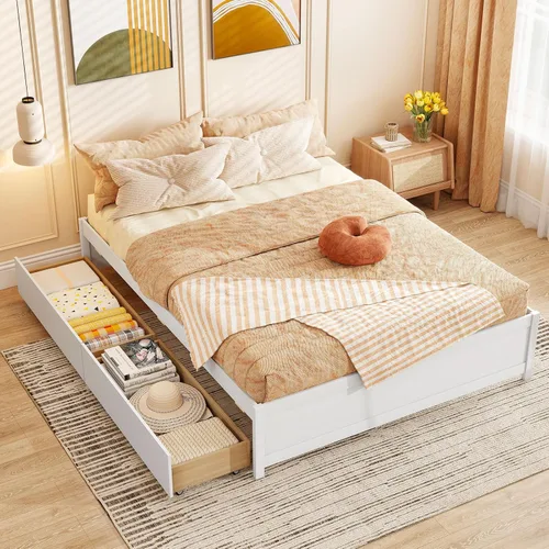 Vista 12 de Giantex Base de cama de plataforma de tamaño individual con 2 cajones de almacenamiento, marco de cama de madera maciza, base de colchón de soporte