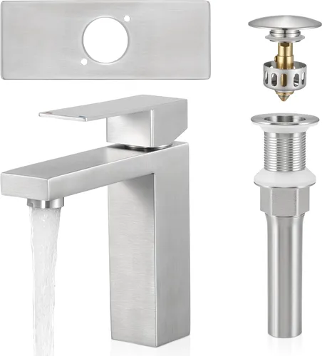 Vista 8 de KES L3156ALFF12-BS-C2-PL - Grifos de baño para fregadero de un solo orificio o 3 agujeros, acero inoxidable, drenaje desplegable sin desbordamiento