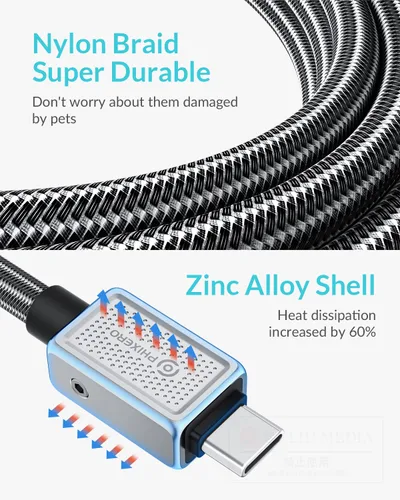 Vista 5 de PHIXERO Cable USB C a USB C de 240 W, aleación de zinc, 20 Gbps, 1.6 pies, negro